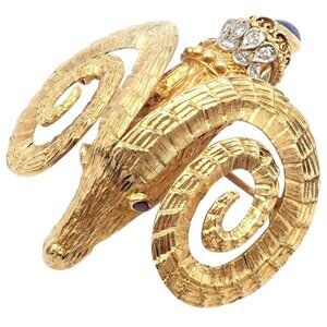 Rare Ilias Lalaounis 18k Yellow Gold Ram Ares Diamond Ruby Sapphire Large Brooch